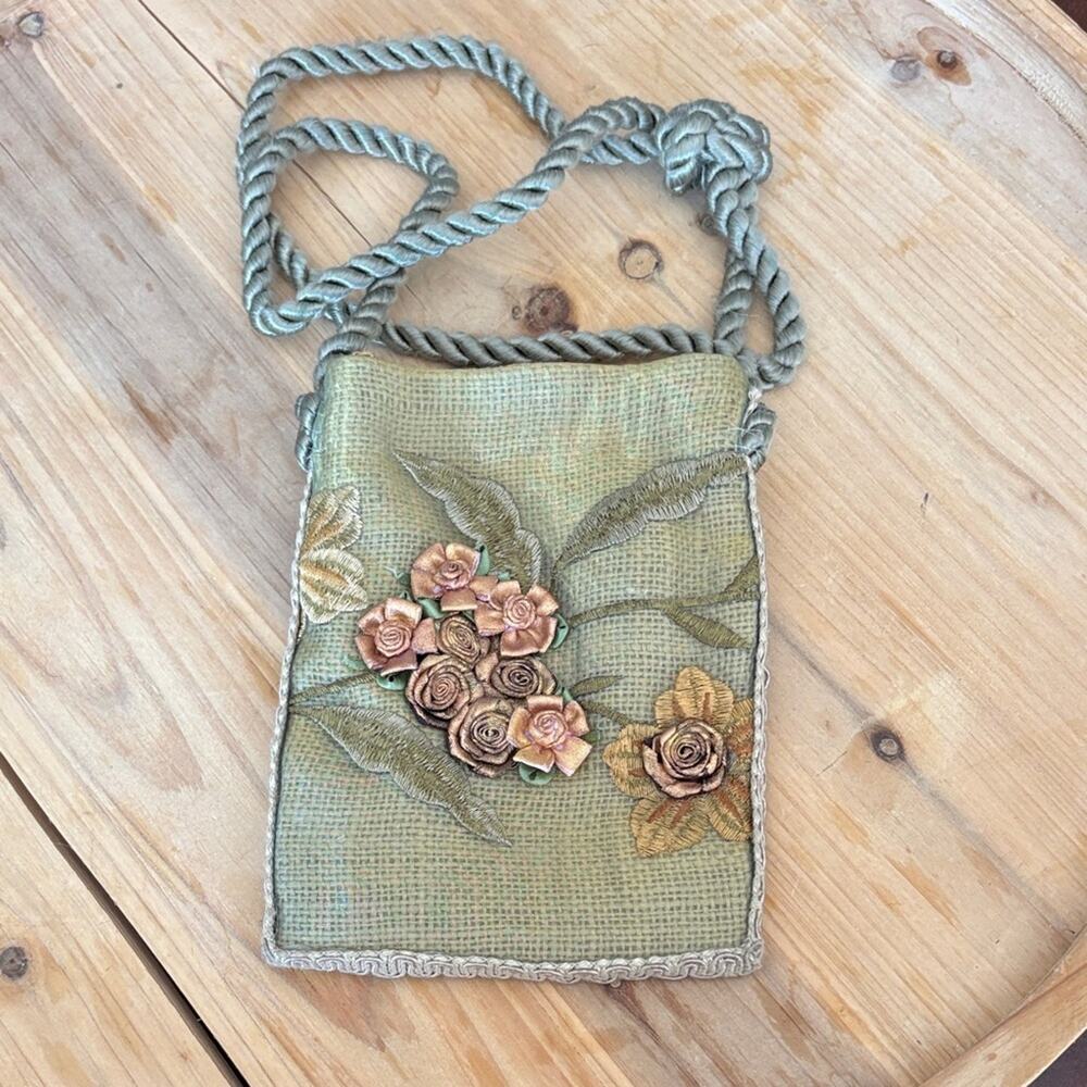 Handmade Floral Embroidered Appliqué burlap crossbody bag